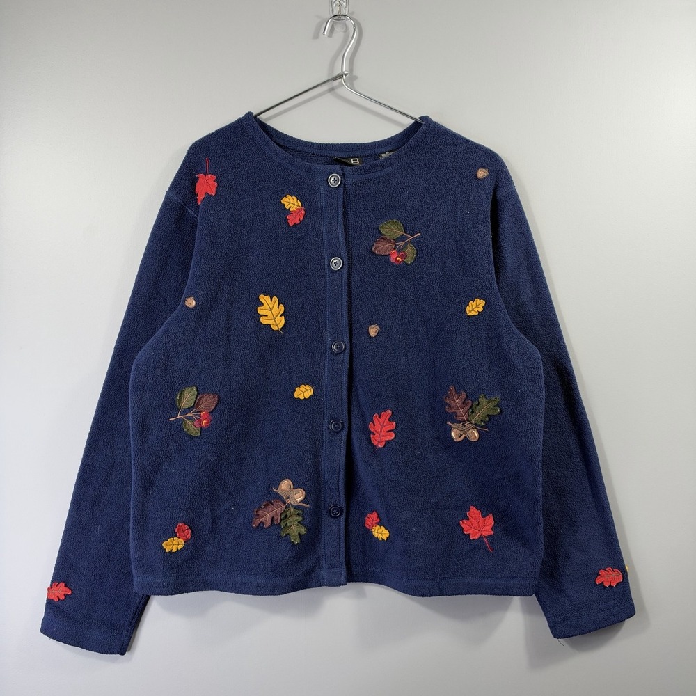 Croft & Barrow Sweater Womens Medium Blue Fall Leaf Cardigan Embroidered Fleece